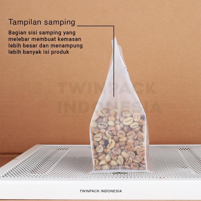 Kemasan Kopi 200Gr - 250Gram Square Pouch Zip Lock Warna Transparan Doff Isi 50 Pcs Flat Bottom Wide