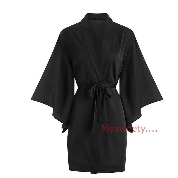 Satin Kimono +Belt Baju Tidur Sexy Lingerie Wanita <KKMN0>
