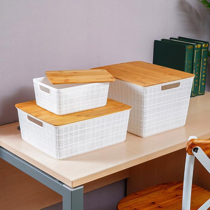 Stora Kotak Penyimpanan Dengan Tutup Bambu - Putih Kotak Serbaguna Wadah Simpan Storage Box Boks