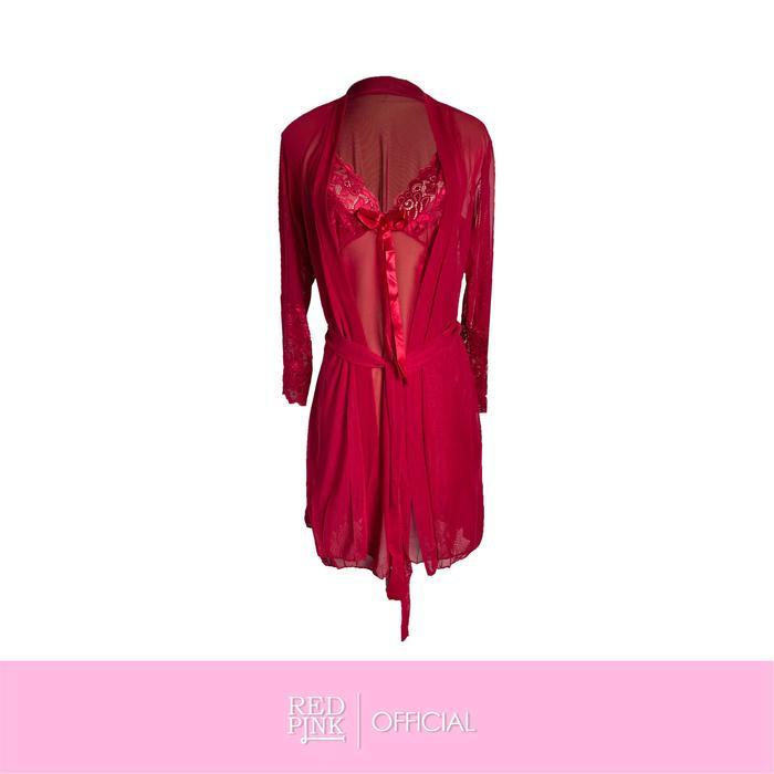 Tally - [ Redpink ] Stelan Nightwear Dinas Malam Lingerie 2In1 Kimono Dress Desain Mewah Romantic