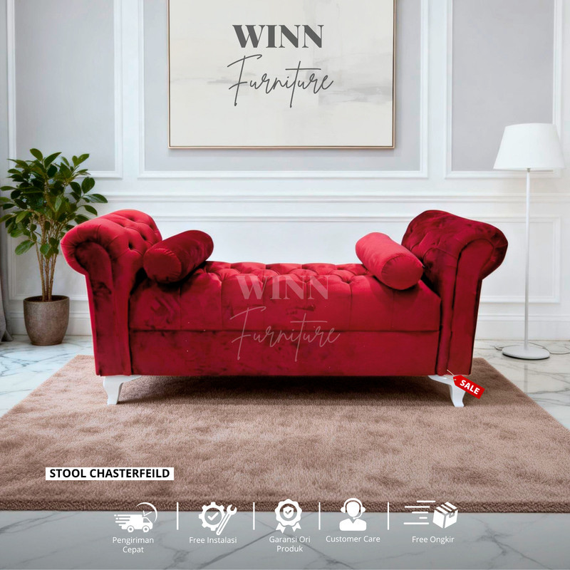 Sofa Bench Chesterfield Mewah Velvet Premium Armrest Rolled Kaki Putih Aesthetic | Winn Furniture