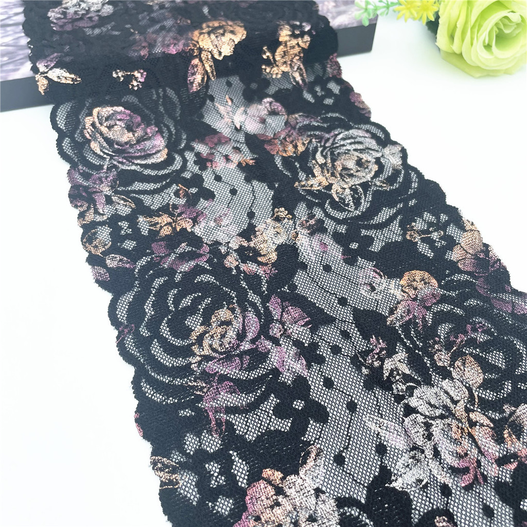 3y/lot Width 18cm Black Rosegold Shimmer Elastic Stretch Lace Skirt Hem Dress Underwear Sewing Craft