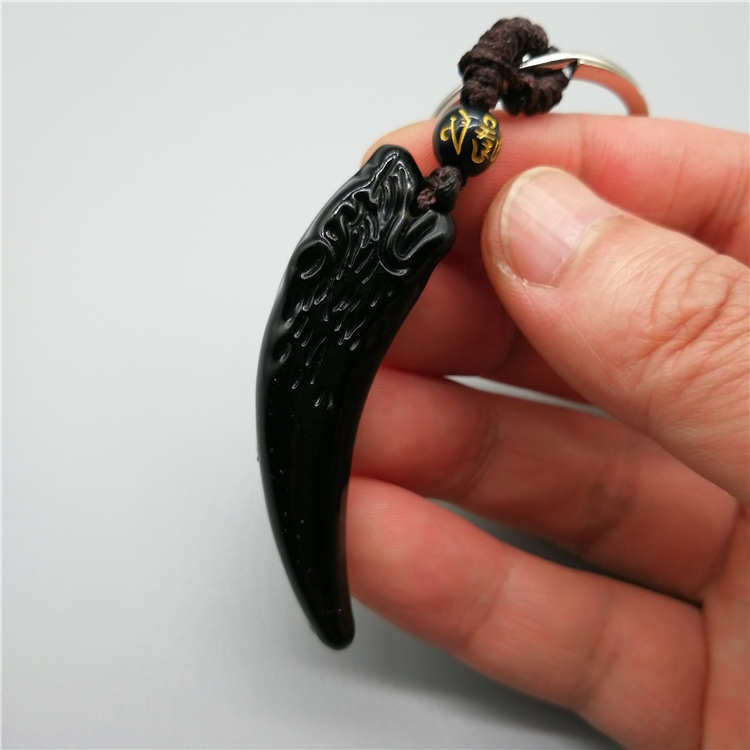 RongDe Black Obsidian Carving Wolf Head Obsidian Amulet keychain free necklace obsidian Blessing