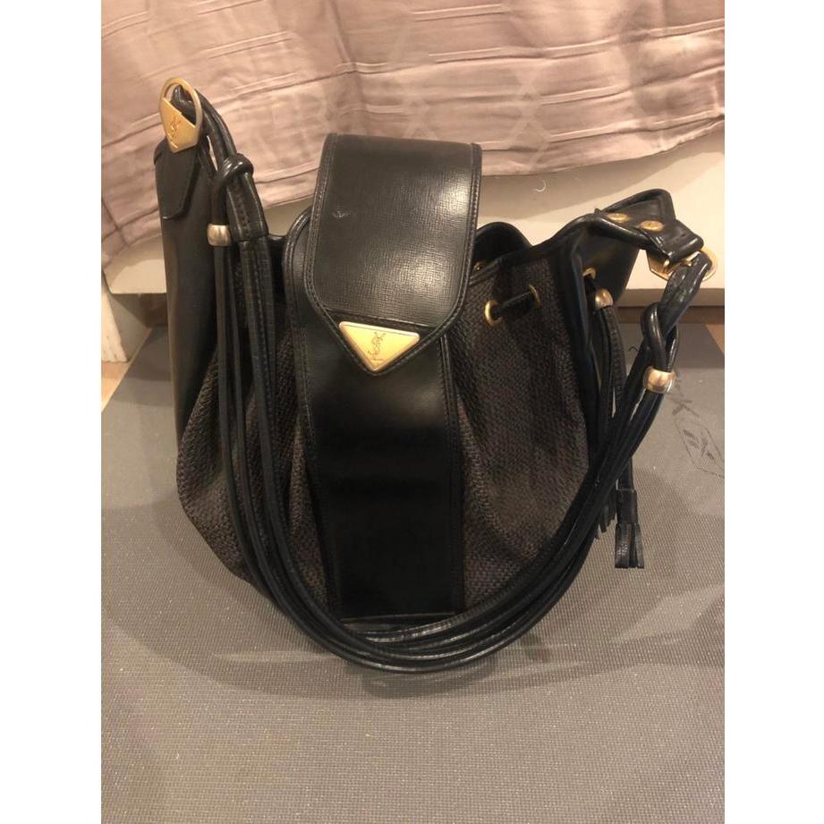 PRELOVED TAS YSL VINTAGE CANVAS SHOULDER AUTHENTIC ASLI WITH POUCH