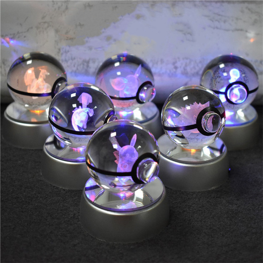 3D Laser Engraving Cartoon Pokemon Crystal Ball witl LED Light Base