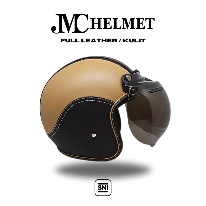 Helm Bogo Retro Dewasa Cokelat Muda Full Leather/ Kulit Kaca Polos Biasa SNI Pria/ Wanita