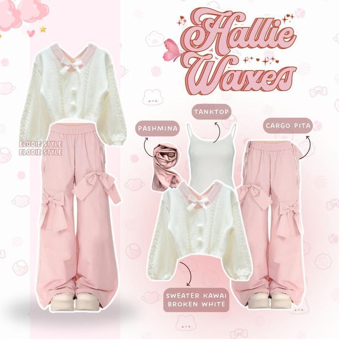 ootd cewek kece 1 set berhijab (pashmina, tanktop, sweater rajut, cargo pita) oneset kekinian - es99