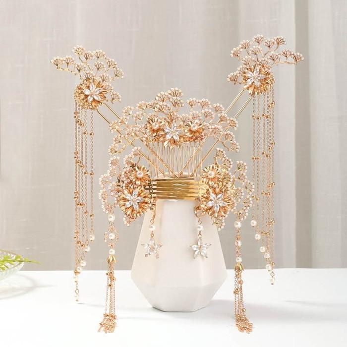 Set Hairpiece Tusuk Konde Tradisional Pengantin Cina Sangjit Bridal
