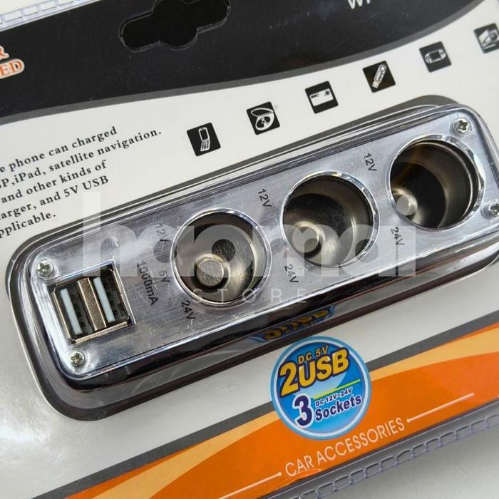Charger Mobil Colokan Usb 3 Soket Lighter Socket Splitter Cigarette Lighter 3 Lubang + 2 Usb Charger