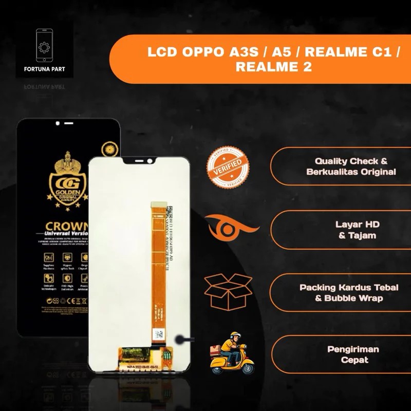 CROWN 3.0 GOLD LCD TOUCHSCREEN OPPO A3S / A5 / REALME C1 / REALME 2 LCS TS FULLSET