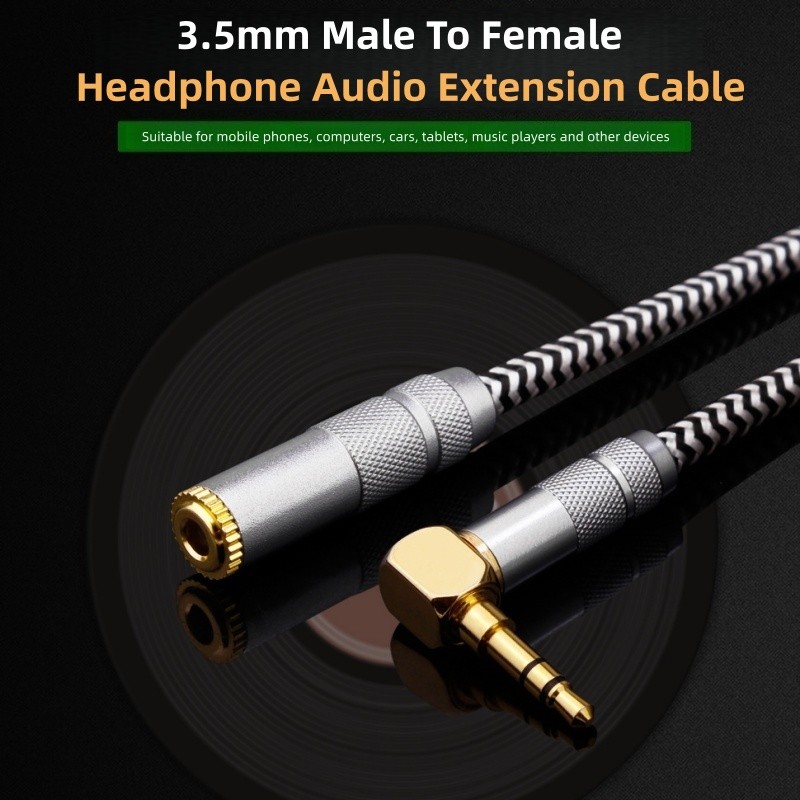 3.5mm Male To Female Headphone Audio Extension Cable 90 Degree 3.5 24K Gold Plated Plug AUX Earphone