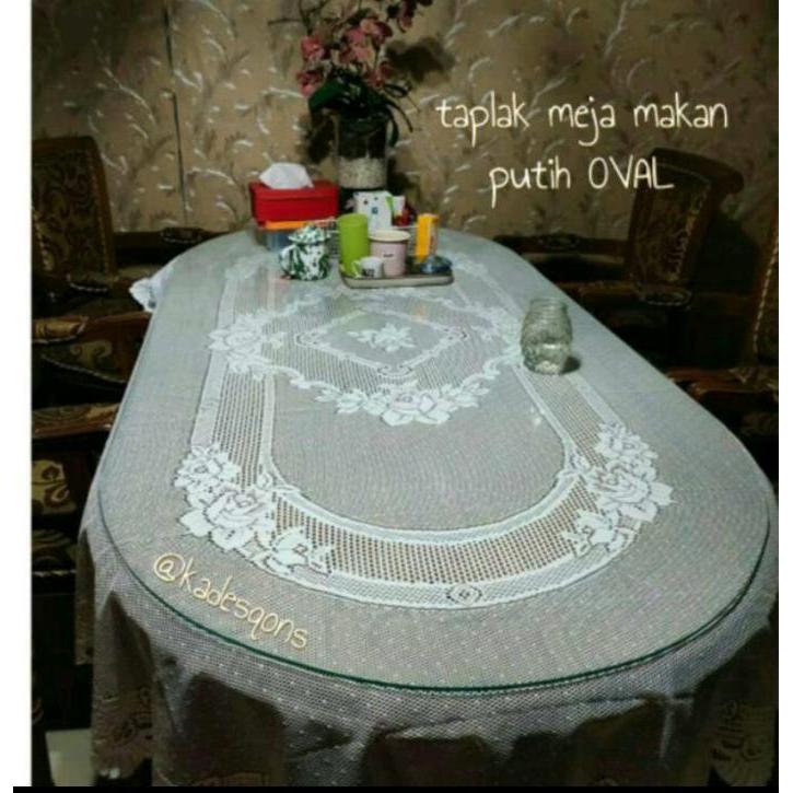 Taplak Meja Makan Polyester Oval Modern Bunga Kain Putih