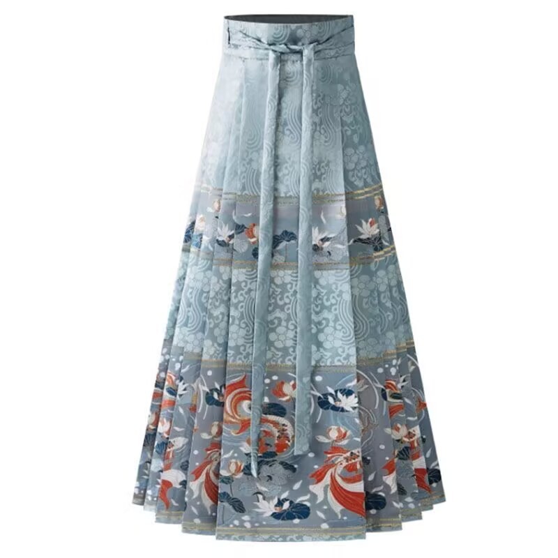 Chinese Hanfu Pleated Skirt Women Autumn Modern Fashion Hanfu Print Horse-faced Skirt Navy Blue Plus