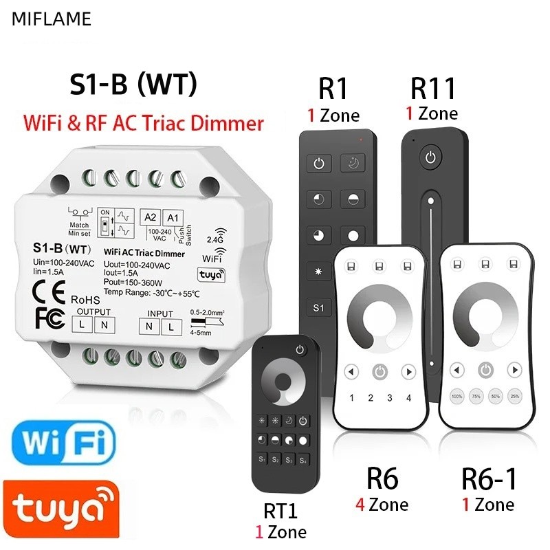 Tuya LED Dimmer S1-BWT Wifi AC Triac Dimmer AC 100-240V 2.4G Wireless RF Remote Smart Push Switch Di