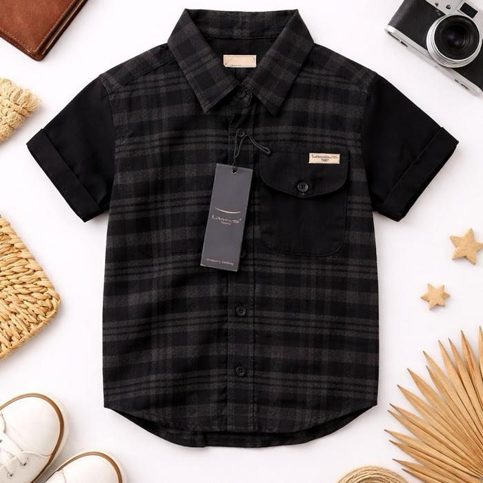 Sale- Kemeja Lengan Pendek Anak Laki Laki Warna Hitam Motif Kotak Kotak Brand Libas Original