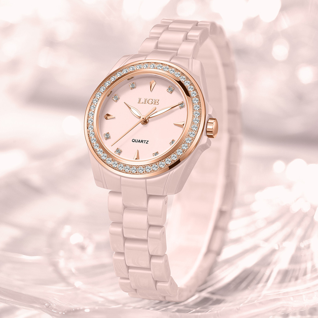 LIGE Original Diamond Dial Ceramic Quartz Watch for Women Fashion Elegant Ladies Watches Ceramic