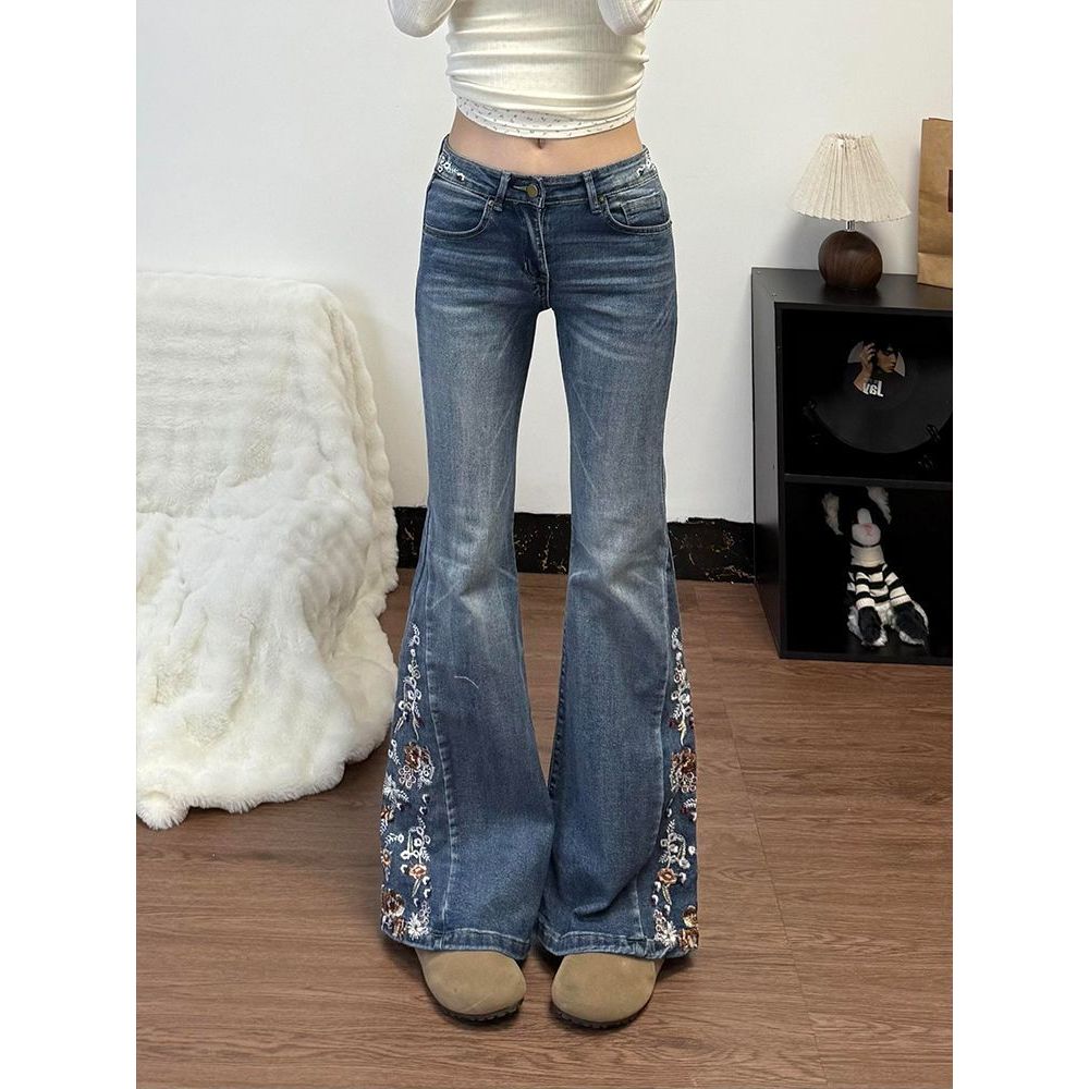 American Retro Floral Embroidered Flare Jeans Women's Low Waist Slimming Micro Flare Denim Pants Y2K