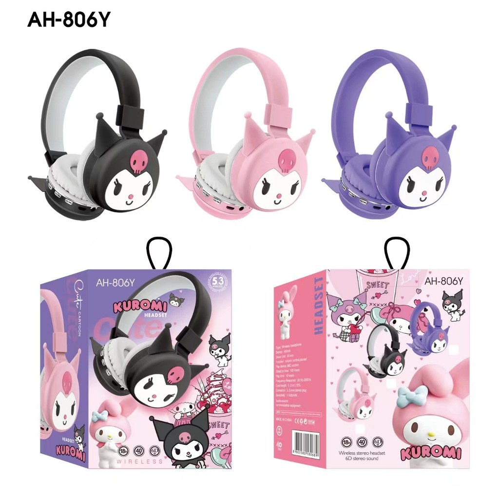 Sanrio Hello Kitty Kuromi Wireless Bluetooth Headsets Cartoon with Mic Foldable Lightweight Earphone