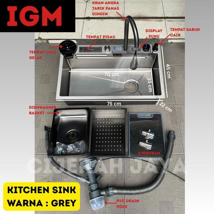 IGM KITCHEN SINK STAINLESS GREY 75X45 TOMBOL PIANO AIR TERJUN WATERFALL / BAK CUCI PIRING IGM PAKET