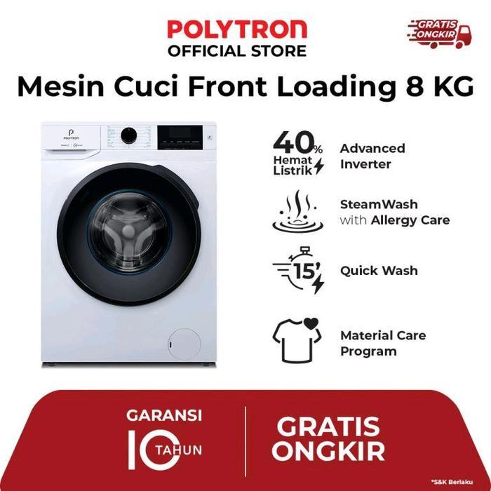 POLYTRON Mesin Cuci Front Load 8 KG Steam Inverter Low Watt Wonder Wash Series – PFL 8108