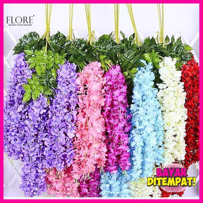 Bunga wisteria jumbo juntai /[1 Lusin] Juntai Wisteria Jumbo Gantung Daun Rambat Plastik- Bunga