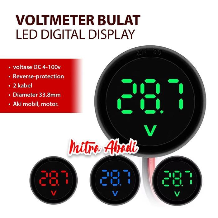 "New" Voltmeter Bulat LED Digital Display DC 4-100V 2 Kabel / Circular Reverse Protection Aki Motor