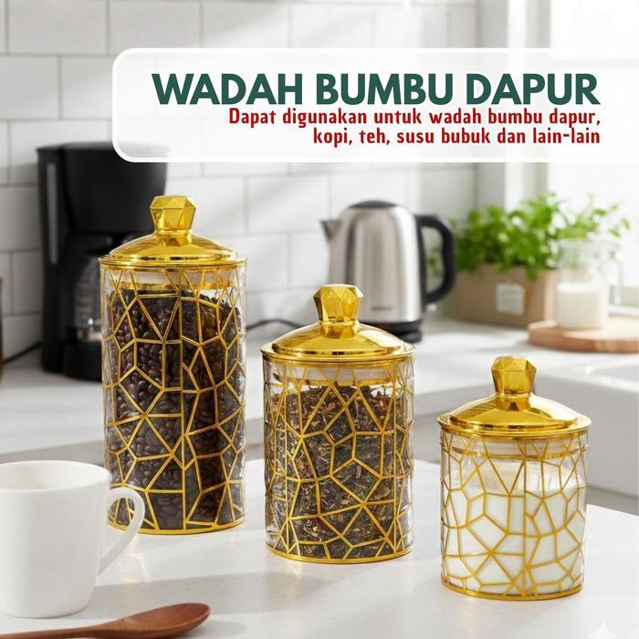 "New" Toples Mewah 3 SIZE 1 Kedap Udara Toples Kue Kering Penyimpanan Snack Toples Kaca Mewah