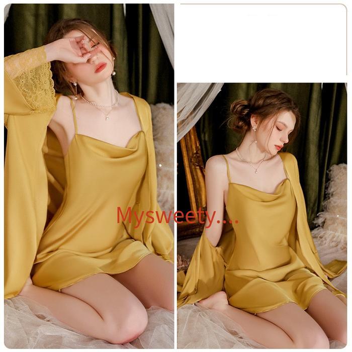 Diskon NEW (M/L) Satu set Lingerie kimono silk satin premium baju tidur sexy lingerie kimono(/ Baju