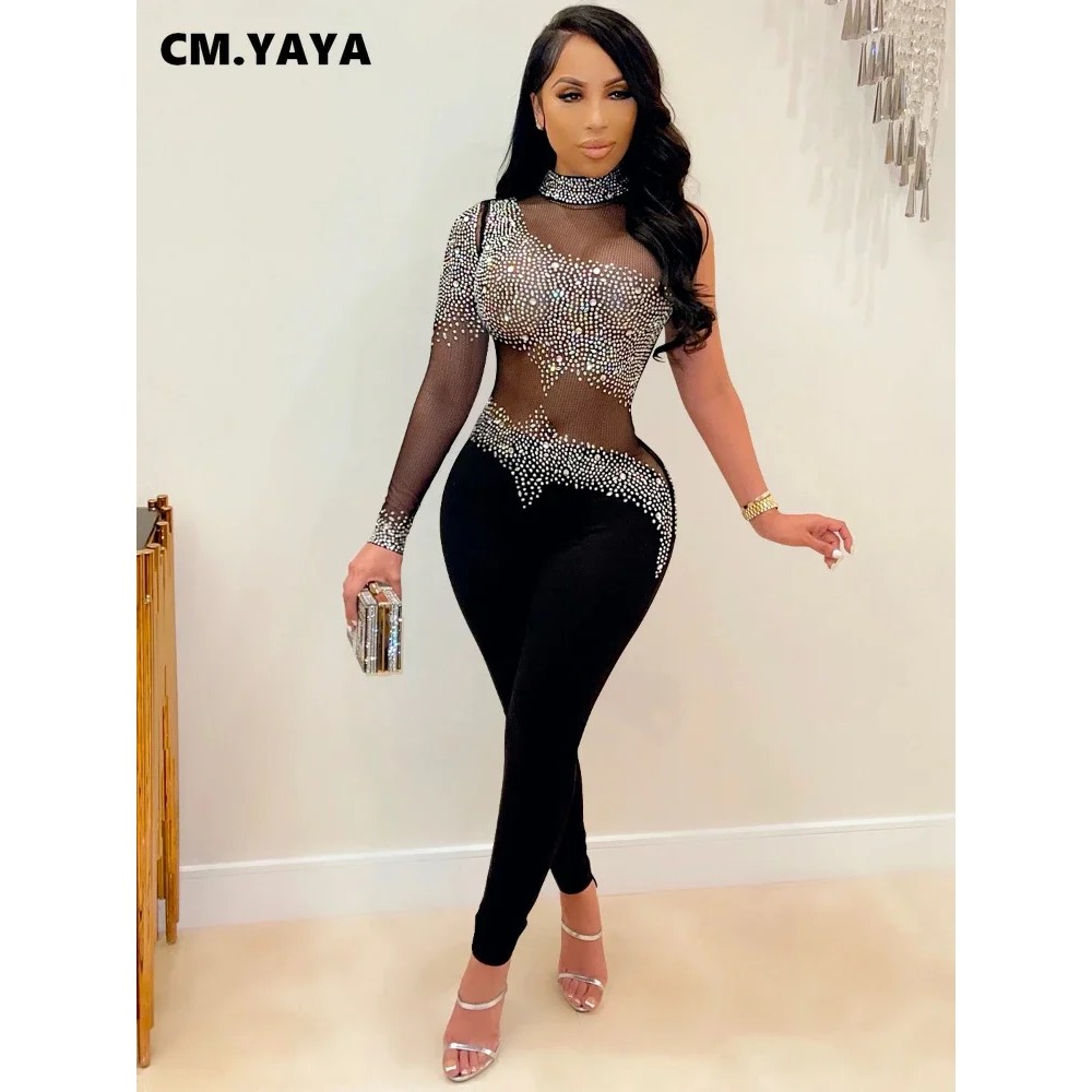 Setelan Jumpsuit Wanita Lengan Panjang Mesh Transparan dengan Hiasan Rhinestone untuk Pesta Malam