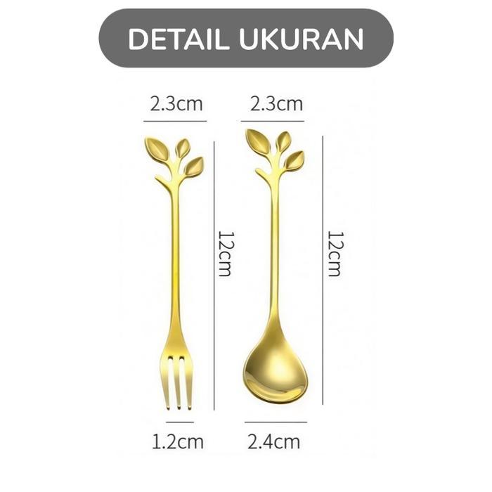 Sendok Garpu Kecil Stainless Motif Daun - Alat Makan Kue Buah Puding Dessert Tea Spoon Unik