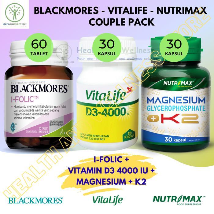 PAKET BLACKMORES I FOLIC 60 TABLET VITALIFE VITAMIN D3 4000 IU 30 KAPSUL NUTRIMAX MAGNESIUM K2 30
