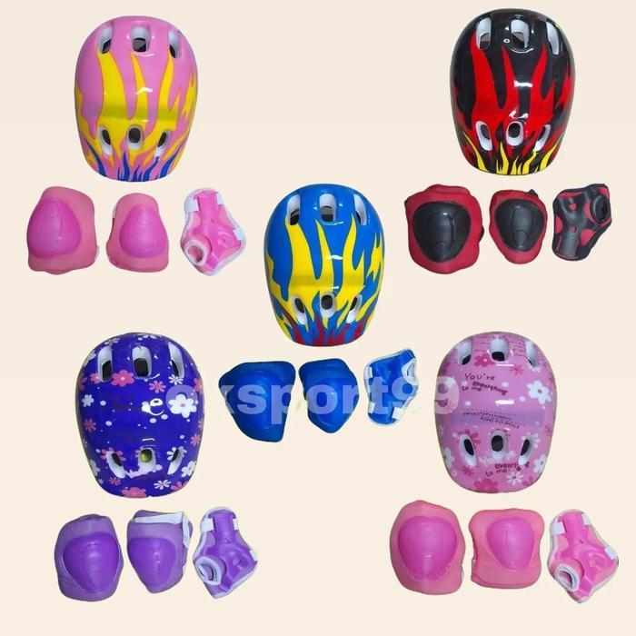 Helm Skuter & Sepatu Roda Anak Warna Pink Biru Merah Ungu Dilengkapi Deker Pelindung Lutut Siku