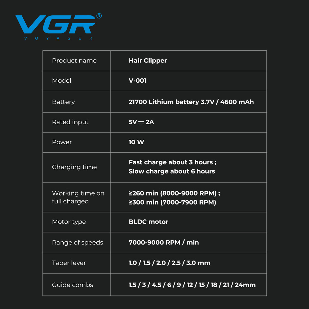 VGR Hair Clipper 9000 RPM Clipper Brushless Motor Hair Cut Machine Electric Barber Cordless Clipper