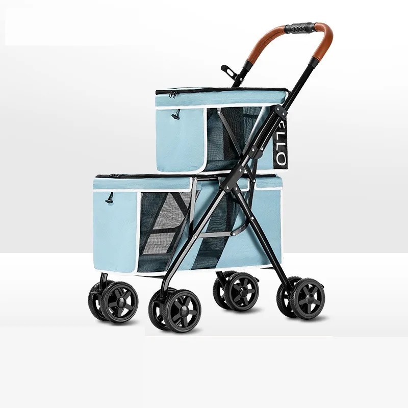 New Pet Stroller Double Layer Suitable for Two Pet Cats Dogs Foldable Cart Breathable Dog Stroller P