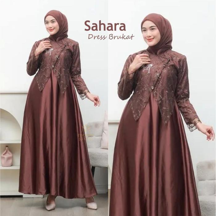 Sahara Dress Eksklusif Brukat Mewah Gamis Simpel Elegan Baju Remaja Mewah Trend Lebaran Model Baru