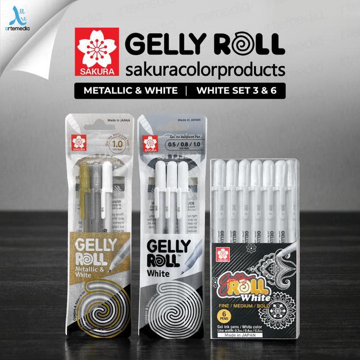 NEW - SAKURA GELLY ROLL PULPEN GEL PUTIH ORIGINAL JAPAN WHITE & METALLIC SET 3 6 PEN HIGHLIGHT