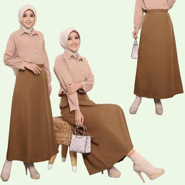 seragam rok pemda wanita model a line katun khaki tua kerja panjang