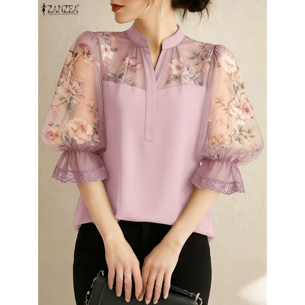 Blus Wanita Elegan Zanzea dengan Motif Bunga dan Lace, Bahan Chiffon, Lengan 3/4 Puff, Kerah V-Neck,