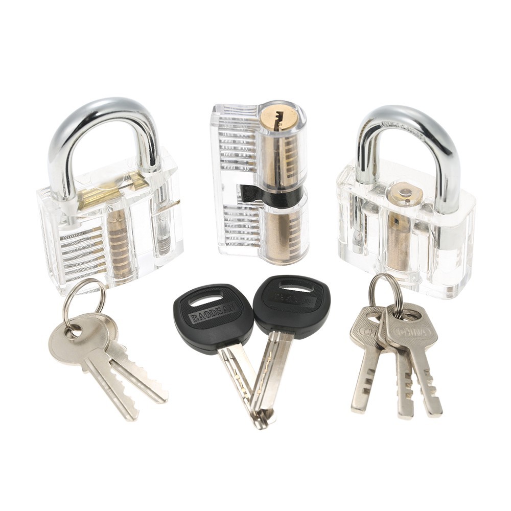 3pcs Practice Transparent Crystal Keyed Padlock Unlocking Lock Picking Tools Set for Locksmith