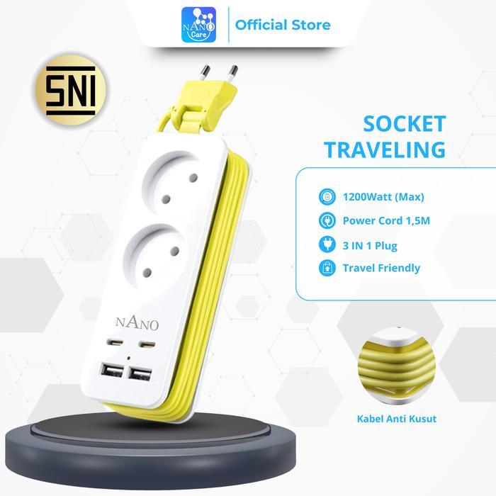 Broco - Stop Kontak Traveling 2 Lubang Saklar + 4 Port Usb Putih Kuning Kabel Rak