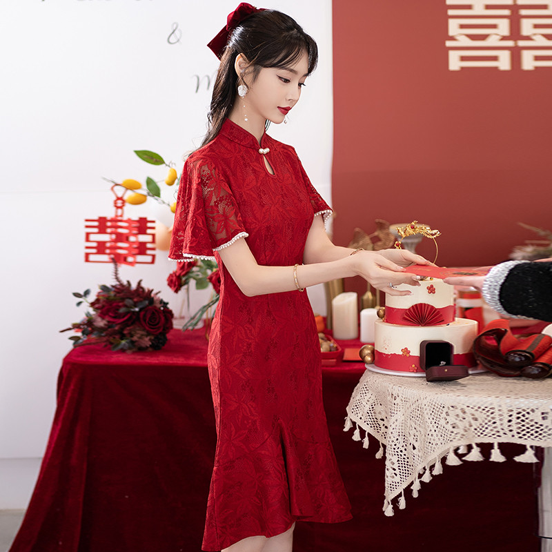 Chinese Traditional Women Clothing Bridal Wedding Cheongsam Modern Improved Red Qipao Dress