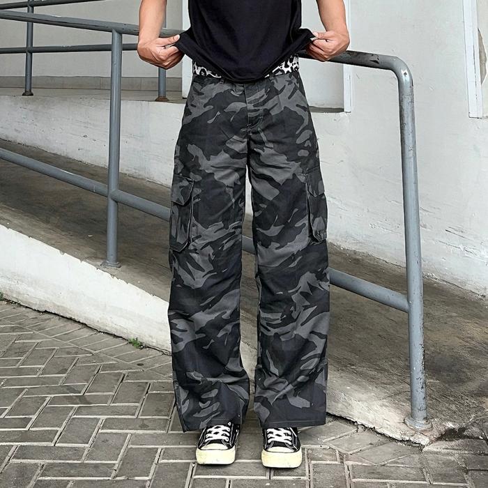 BLACKSIGHT - Celana Cargo Panjang Loose Camo Loreng White Camo Cargo Pants Camo