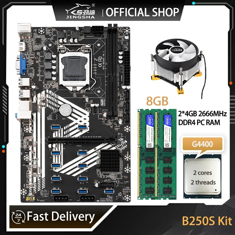 B250 Btc Mining Motherboard PCIE X16 TO USB3.0 12GPU Slot LGA1151 With G4400 CPU And DDR4 8GB CPU