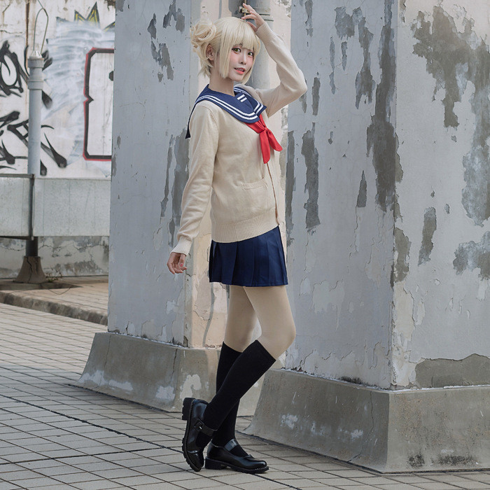 4Pcs Anime Academia Himiko Toga Cosplay Costume Jk Uniform Skirts Sweater Coat Wig High School Girls
