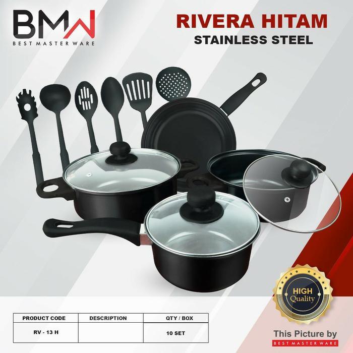 OSI BMN RIVERA HITAM RV-13 H PANCI COOKWARE SET 13 HITAM NON STICK TUTUP KACA FRYPAN SPATULA