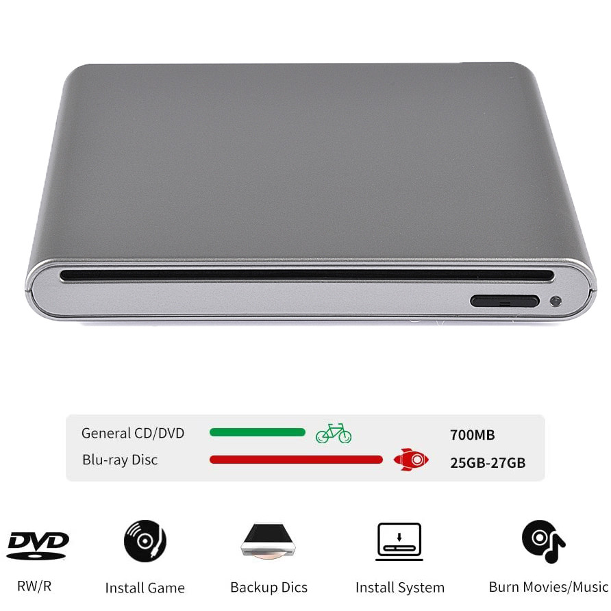 External 3D Blu-Ray Burner BD-RE Writer BD-ROM Reader CD DVD Recorder for Windows XP/7/8/10, Mac OS