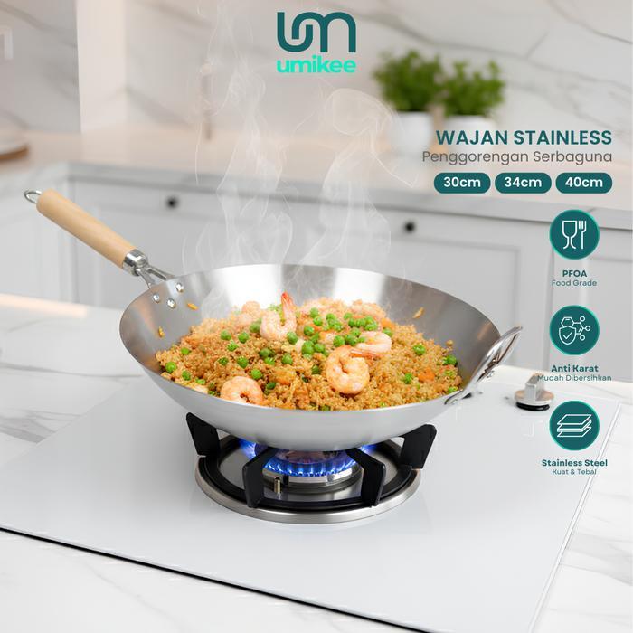 Wok Pan Stainless Steel 304 Profesional Anti Lengket Alami & Aman untuk Semua Kompor