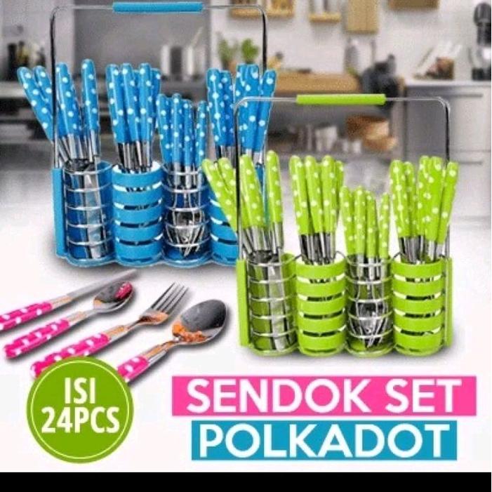 set sendok garpu pisau 24pcs polkadot warna biru hijau dan pink untuk dapur anda
