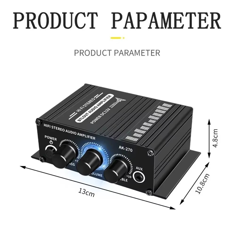 Mini HiFi Stereo Audio Amplifier AK270 2-Channel 12V 40W Car/Home Audio Power Amp RCA AUX Input/Bass