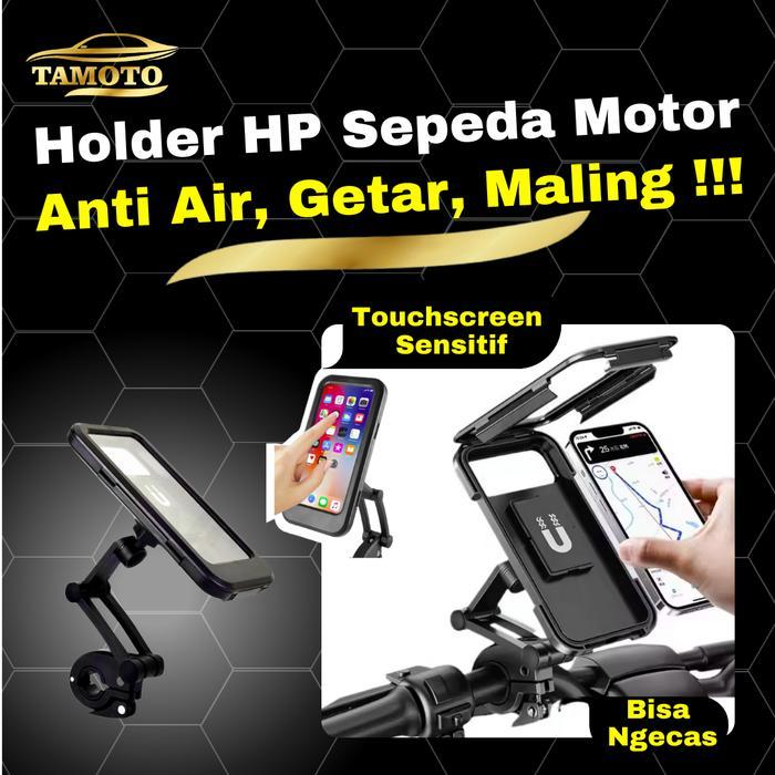 Phone Holder HP Motor Waterproof Anti Air / Dudukan hp handphone sepeda motor besi magnet aman